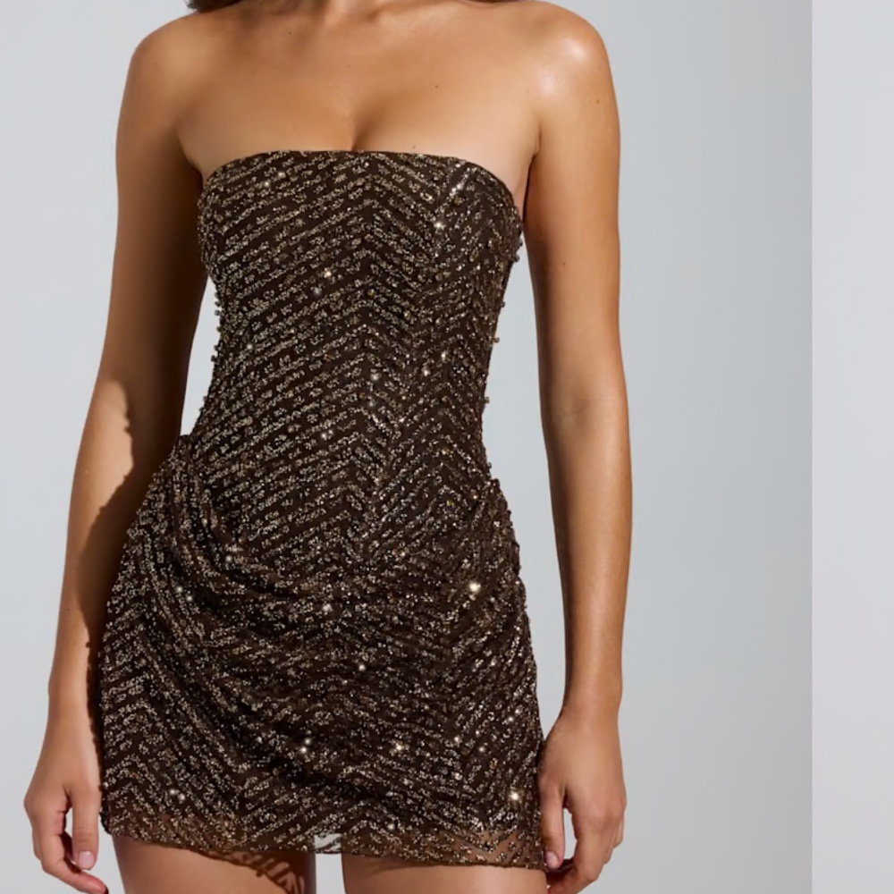 Oh Polly Embellished Draped Strapless A-Line Mini Dress